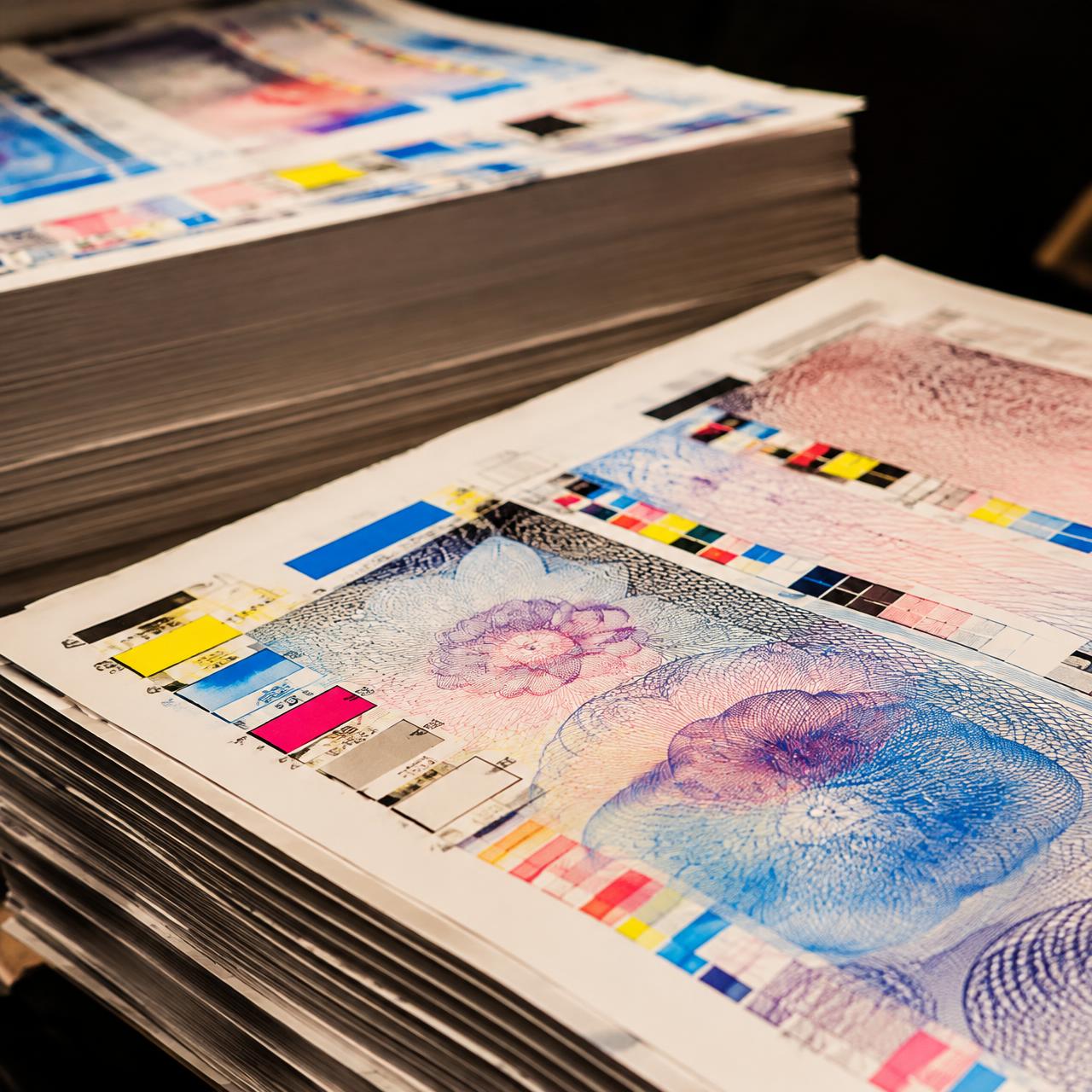Freshly printed security sheets with CMYK colour bars